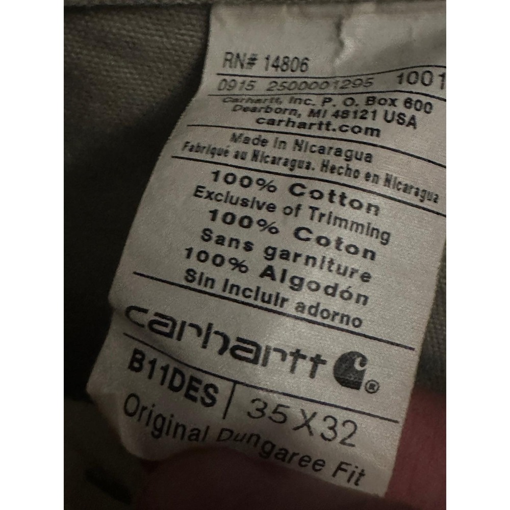 Carhartt B11 DES Washed Duck Work Dungaree Pants Mens 35x32 Tan Straight Leg - Picture 2 of 3